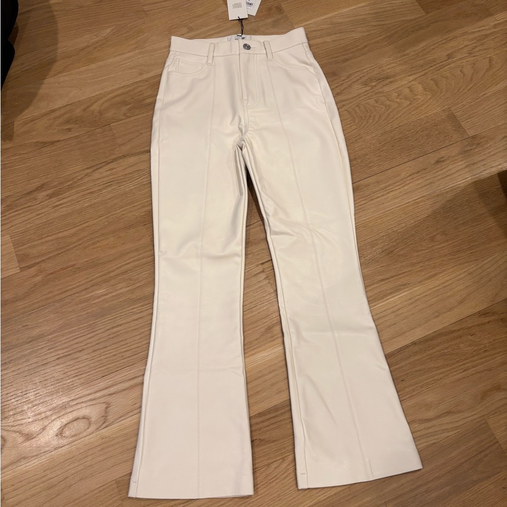 High-Waisted Cream/White Leather Pants